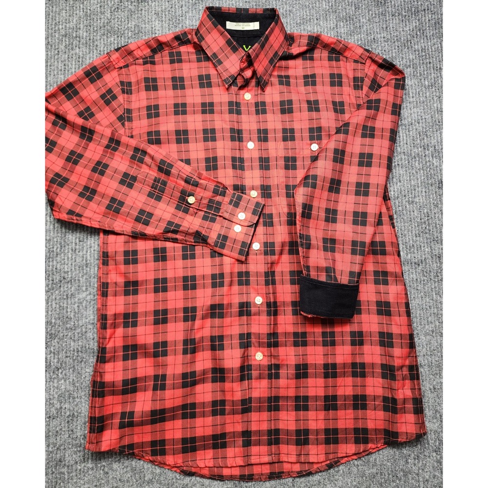 Orvis 1856 Mens Red Black Plaid Cotton Button Down Shirt Corduroy Trim Size M